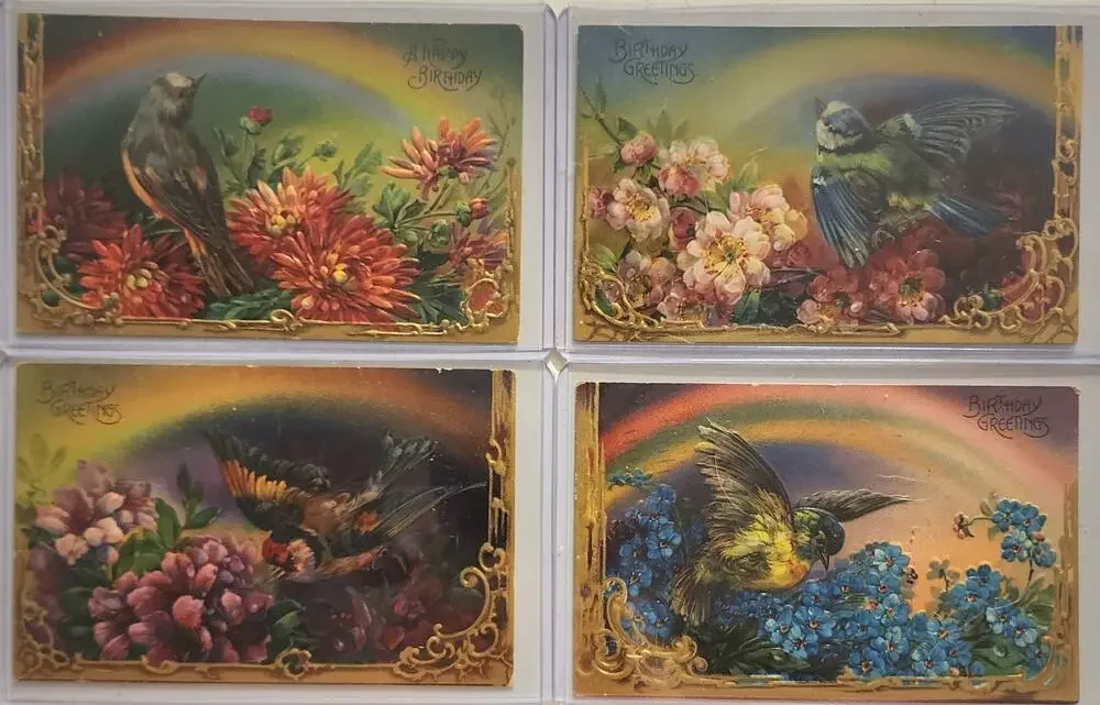 Lot Of Four Vintage Antique Embossed Postcards Flowers Birds Birthday